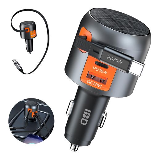 車充電器シガーソケット巻き取り式充電器【3台同時に充電可能】Lwuckbarrt3in1車載充電器DC12V/24V車対応急速総60W3ポート60cm長Type-CケーブルiPhone16/15シリーズ