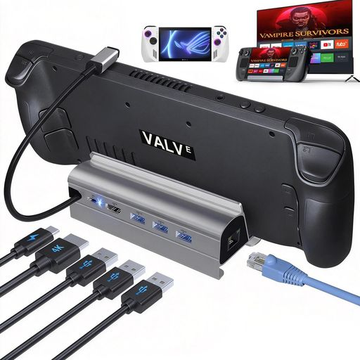 6in1 Steam Deck/ROG Ally/ROG Ally X 用ドッキングステーション、HDMI 2.0 4K@60Hz出力、ギガビットイーサネット(1000Mbps)、USB-A 3.0x3ポート、100W