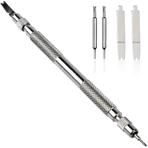 【製品仕様】バネ棒*1、細いY先*2、太いY先*2;サイズ:スプリングバー全長約135mm、太y先(長さ約26mm 幅約3mm)、細y先(長さ約24mm) 【品質が高い】優れた材質で作られている;軽量なマグネシウムアルミニウム合金制、錆びにくく、丈夫で耐摩耗性;品質が高い、実用性が高い、長持ちする 【デザイン】コンパクトなデザイン、随行バッグに入れてもいい;携帯に便利だ、出かけるときに持っていくこともできます。 【使用方法】細いY先v字フォークはスプリングロッドの凹凸にあり、少し力を入れて下に押すだけでベルトを外すことができる;バンドをつけるときは片方を穴に入れます、もう片方をバネ棒で軽く押してケースの穴に入れるだけで取り付け完了。 【用途】腕時計のベルトを取り替えることに適用して腕時計のベルトを外します;腕時計のバンド/電池交換修理道具。太y尖った一方は表皮バンド、シリコンバンドなどを着脱可能