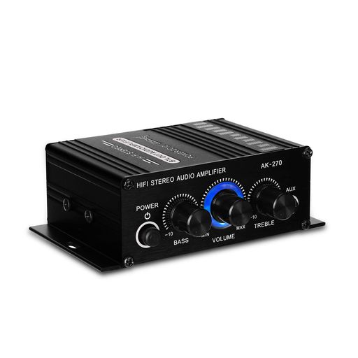 Mini audio power amplifier. Two main channel output. Left and right channel outputs are interfaces for speakers. Large knobs are designed with blue LED lights to make the products more beautiful. Low disto on supplies a clear, strong and more powerful sound. Made of aluminum alloy body, thick, light weight and practical.