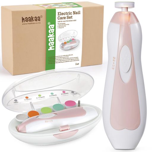 haakaa電動ベビーネイルトリマーセット-安全なベビーネイルファイルキット、ウィスパー静かな電動爪切り、6つのアタッチメント付き、新生児と成人に適しています、ピンク。