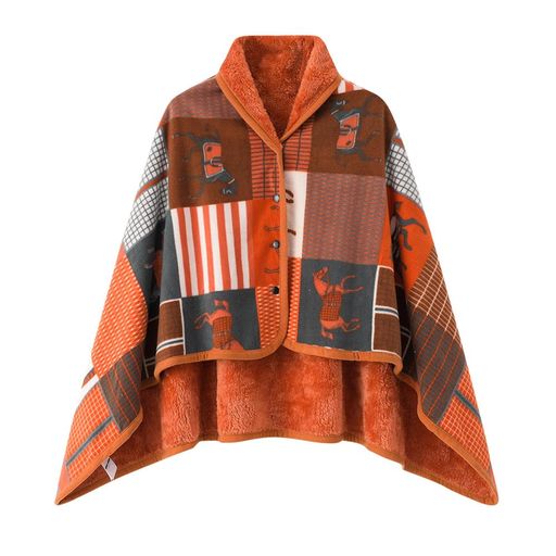 [LeafIn]ひざ掛けブランケットハーフケット大判4way着る毛布肩掛けボタン付き厚手防寒対策あったかチェック柄おしゃれ吸湿保温抗菌加工静電気防止洗濯可能手触り暖かいZH19(オレンジL)