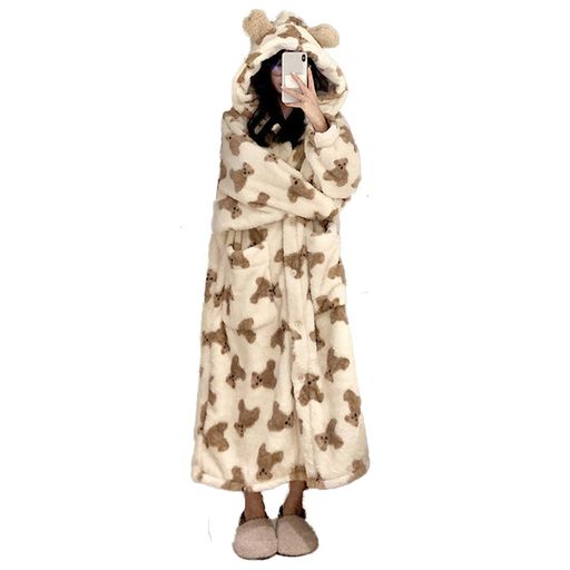 [Harebi]着る毛布ルームウェアレディースもこもこ着るブランケット部屋着ロング丈パジャマガウン長袖フード付きかわいいビッグポケット暖かい部屋着ボタン付春秋冬あったか柔らかいふ…