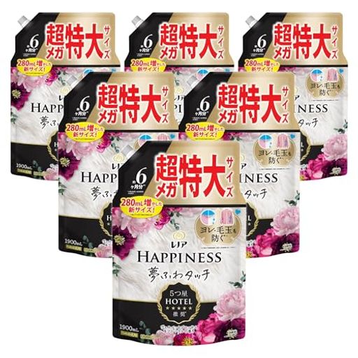 ソフトニング 新レノアハピネス夢ふわタッチは、洗濯するたび気になる衣類のダメージまで防ぐ。Tシャツの首元のヨレやニットの毛玉を防いで*、5つ星ホテルも認めたなめらかな肌ざわりが続きます。(*新品から複数回洗濯した場合。当社洗剤比。詳しくはWebへ) レノアハピネス夢ふわタッチは、5つ星ホテルも認めた香りも肌ざわり。レノアハピネス夢ふわタッチで、おうちにいながら5つ星ホテルの贅沢を体験してください。 秋冬は乾燥しやすいから、ニットのゴワゴワ・チクチクが気になりがち...新レノアハピネス夢ふわタッチなら、衣類をシルクの様になめらかに洗い上げるから、ニットももうチクチクしない* (*コットンニットで検証) 最高量*1の柔軟成分を配合しているから、5つ星ホテルタオルのような肌ざわりを83%が実感*2しています。(*1 過去10年レノアハピネスにおいて、*2 「華やかに香るアンティークローズの香り」使用。P&amp;G消費者調査[n=108]による) レノアハピネス夢ふわタッチなら5つ星ホテルも認める贅沢な香りが1週間*楽しめます。