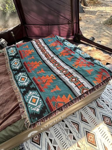 PeelForest多機能西海岸ブランケットメキシカンラグネイティブ柄オルテガ柄キャンプアウトドア青緑色130X160cm