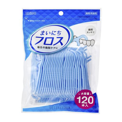 スリムな薄型ハンドル。 フロスと後端のピックでハブラシでは届きにくい歯間の歯垢を落とす。 ピック部は歯の裏に届きやすいアーチ形状で奥歯の裏側の汚れや食べカスを除去できる。 保管・持ち運びに便利なファスナー付。 毎日1本の使用で4ヶ月使えるお得な増量パック120本入。