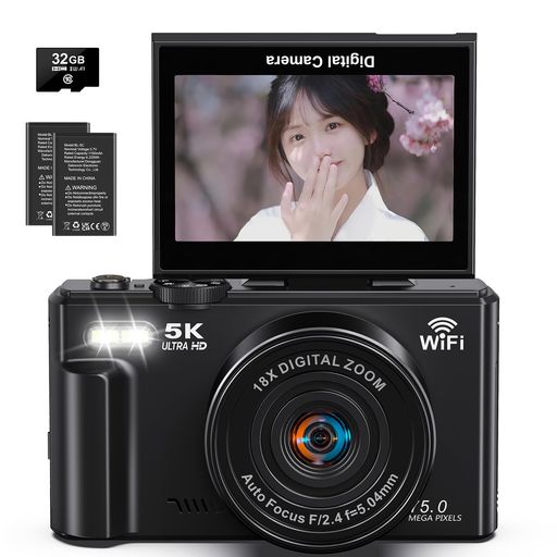 ビデオグラフィー、フォトグラフィー、ブイログ 【CMOSセンサー&amp;5K録画&amp;7500万画素&amp;5Kデジタルカメラ】高画質CMOSセンサーを搭載しており、強力なアルゴリズムのサポートにより、被写体を明確的に識別でき、手頃な価格で鮮やかな映像を撮影できます。最大5Kの圧倒的解像度で動画撮影!優れた5Kビデオ解像度と7500万画素の画質で、細部まで豊かな画像が保証され、よりリアルにし、細部までこだわった表現が可能となり、驚くべき視覚体験を提供します。細かくて小さい被写体もきめ細やかに写り、リアルに再現します。 【機能豊富&amp;2.8インチ大画面&amp;180°回転自分撮りに便利】弊社の5Kデジタルカメラには多種類フィルター、セルフタイマー、連続撮影、スローモーション、タイムラプス、ループ録画などの多彩な機能を搭載しており、初心者でも撮影を楽しめる5Kデジカメです。高画質ビデオ通話や生放送を行うなどウェブカメラとしてもお使いいただけます。LEDフラッシュも付属しているので、夜間や暗い部屋での撮影も簡単に行うことができます。