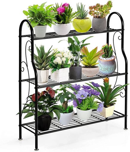 TANGKULAフラワースタンドプランタースタンド鉄製ガーデンラック屋外室内観葉植物棚花台ガーデニングおしゃれ多機能組立て簡単ベランダリビング玄関(3段-花柄デザイン)