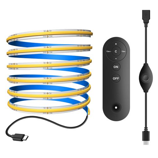 【DC5VTYPECリモコンに接続】-本製品は、パソコン等のTYPEC端子にケーブルを接続するだけでLEDの明かりを灯す事ができる、簡単接続のLEDライトです。320LEDs/m220LM/m電力を節約しながら十分な明るさを提供します。リモコン付き、リモコンで遠隔操作、明るさ調整、タイマーオフができます。 【操作が簡単な多機能リモコン】様々な機能をリモコンで実現できる。リモコンには5段階の調光機能があり、実際の使用環境に応じてストリップの明るさを調整し、良好な照明雰囲気を作り出すことができる。リモコンにはタイマーシャットダウン機能があり、毎回15分のタイマーを追加でき、最長で1時間設定できる。タイマー設定は真ん中のCボタンでクリアできます。 【リモコンの隠し機能】【on】ボタンを長押しすると、ストリップを直接点灯し、最も明るいモードになります。【off】ボタンを長押しすると、ストリップが直接点灯し、最も暗いモードになります。リモコンは、ペアリングなしで、ライトストリップに接続された複数のレシーバーを制御することができます。