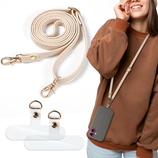 Entertainment, Talents - [OZWEAR]スマホストラップ斜めがけ・首掛け・肩掛け長さ調節可能レザー素材落下防止コネクタ2個付き可愛いおしゃれプレゼントに最適約70cm~135cm多色展開(アイボリー)
