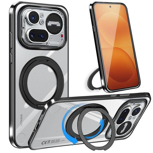 Loodoomo Nothing Phone 4A Pro 用の ケース クリア リング縦横多角度 カバー スマホケース 透明 TPU 耐衝撃 スタンド機能付き 金属ボタン 車載ホルダー(ブラック)