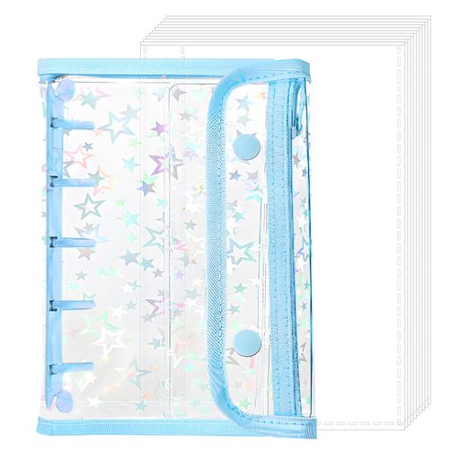 シール帳透明M5透明バインダークリアバインダー5穴10枚リフィル付きかわいいはがせるおしゃれシールを見えるまま収納防水耐汚れ素材ホログラム星柄入り(ブルー)