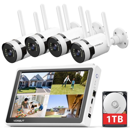 VORGUT防犯カメラモニター付き4Kワイヤレス防犯カメラ4台セット2.4G&5GhzWiFi対応無線屋外遠隔操作対応IP66防水等級AI動体検知最大10台接続可(監視カメラ4台+10インチモニター+1TBHDD内蔵)