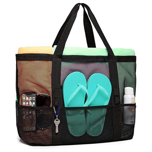 商品仕様:素材:メッシュ素材、サイズ:約長43cm(下)/長60cm(上)*幅20cm*高39cm、ハンドル約長25cm。 優れた材質:ビーチバッグは通気性の良いメッシュ素材を使用して作られています。素材は軽く、柔らかさと適度な強度を兼ね備えていています。通気性が高く、海やプールなどの水辺環境でも使用しやすく、濡れた物を入れても乾きやすいです。また、メッシュ構造のため砂浜で使用した際も、細かい砂が自然に落ちやすく、バッグの中に砂が溜まりにくいです。 ポケット付き設計:ビーチバッグはシンプルで実用的な設計を採用しています。開口部が広く作られているため、物の出し入れがしやすく、必要な物をすぐに取り出すことができます。軽量で柔らかい構造のため折りたたむこともでき、使用しない時はコンパクトに収納できます。また、バッグの外側には複数のポケットが設けられており、小物を分けて収納することができます。 収納と持ち運びに便利:大容量設計で、海辺で必要な用品をまとめて収納できます。タオル、水着、着替え、サンダル、飲み物などを一つのバッグに整理して入れることができるため、荷物の管理が簡単になります。