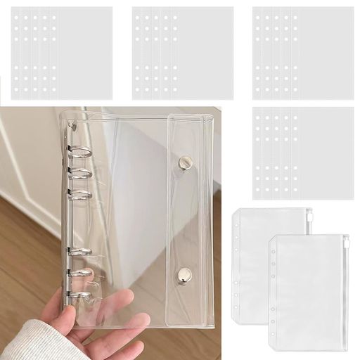 Futakuchi透明シール帳クリアA6ミニバインダー6穴クリアカードポケットリフィル20枚ファスナーポケット2枚プラバン対応手帳カバー推し活グッズシール収納コラージュノート女の子向け