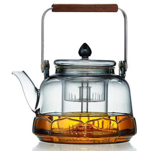 乐天商城 - ポカロティー耐熱ガラスティーポット1060ml着脱式茶こし2種類付き茶葉の蒸らし・煮出し対応墨色デザイン木製ハンドル付き直火対応おしゃれ急須工芸茶ハーブティー用ギフト向け和風蒸…