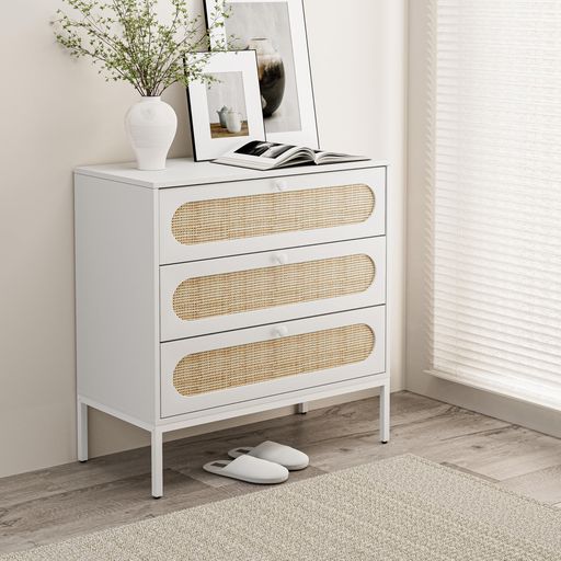 IKIFLY収納チェスト引き出し木製タンスチェストラタン調キャビネット3段階引き出しサイドボード衣類収..