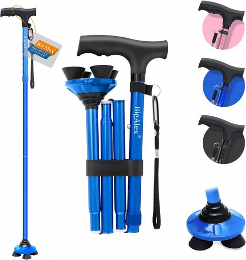 ビグアレクス(BigAlex)折りたたみ杖ステッキ自立杖ブルー男性女性5段階調節おしゃれ倒れない高齢者介護軽量アルミ長さ調整可能歩行支援母の日父の日敬老の日プレゼント(75-85センチブルー)