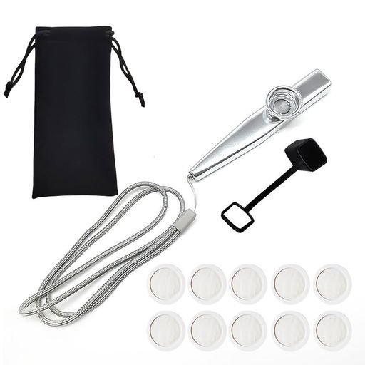 フリランス-ショプ金属製カズー振動膜10枚付き取り外し可能ダストカバー付き音色調整可能軽量パーティー伴奏鼻歌音楽愛好者向け初心者向け教室練習管楽器収納バッグ(シルバー)