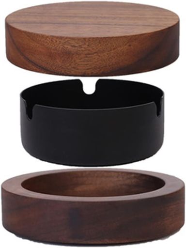 PXLAATY蓋付き灰皿木製ステンレススチール機能的融合卓上屋外屋内お手入れ簡単ギフトレストラン業務用ブラック