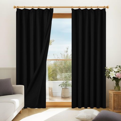 Deconovoカーテン完全遮光カーテン麻風厚手2枚組100%遮光断熱保温防寒防音無地形状記憶加工UVカット昼夜目隠し寝室リビング洗えるりんネット幅100cmx丈178cmブラック