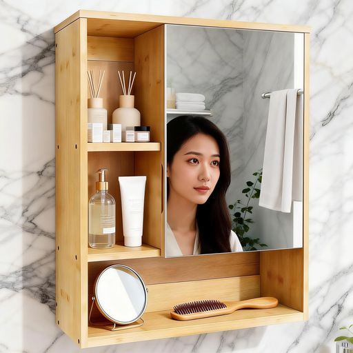 NODIBROミラーキャビネット木製洗面化粧台扉付きウォールキャビネット壁掛け多層収納薄型防水大容量天然木色棚付き省スペースバスルームやトイレに適しています日本語説明書付き