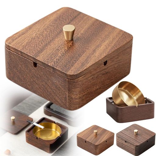 灰皿木製ふた付きはいざらステンレス卓上灰皿屋内用ふた付き灰皿おしゃれ大容量コンパクト防錆丸洗い可能灰捨て簡単つや消し加工防臭密閉室内卓上テーブル用インテリア贈り物(クル…