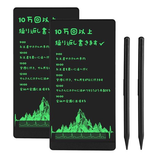 【お得な2個セットで使い分け自在】:本体2台・タッチペン2本が揃ったセット。オフィスと自宅、仕事用とお子様用など、シーンに合わせて賢く使い分けられます。 【超軽量&amp;超薄型のコンパクト設計】:厚さわずか0.5cm、重さ約49g。6.5インチの見やすい画面(表示エリア155x77mm)で、2台持ちしてもバッグにすっきり収まり、負担になりません。 【誤消去防止ロック&amp;ワンタッチ全消去】:大切なメモを守るロック機能搭載。書き直したい時はボタンひとつで画面をサッとリセットでき、会議や勉強のストレスを軽減します。 【マグネット式タッチペンで紛失防止】:本体にピタッと収納できるペンが2本付属。ペンを探す手間がなく、細かい文字書きやお子様のお絵かきもスムーズです。 【繰り返し使えるエコ仕様&amp;ギフトにも安心】:紙を使わず何度でも書いて消せる経済設計。電池交換可能、耐衝撃&amp;指紋防止パネルで長く清潔に使えます。上質なデザインでプチギフトにも最適です。