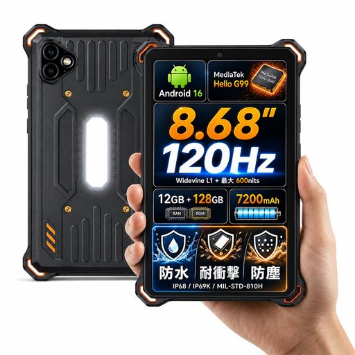 IP68・IP69K・MIL-STD-810H準拠、保護ケースを別途用意せず使えるタフ設計:AGM PAD P3 Compactは、IP68防水・防塵、IP69K、MIL-STD-810H準拠の一体型ボディを採用。雨天、水辺、砂ぼこりの多い環境、アウトドアや作業現場など幅広いシーンで使用できます。保護ケースを別途購入して装着しなくても使える構造ながら、厚さ約14.5mm、重量約540gのコンパクト設計。8.68インチサイズで持ち運びやすく、仕事にもアウトドアにも便利です。 50MPリアカメラと背面キャンプライト:PDAF対応の50MPメインカメラを搭載し、工事現場や設備点検の記録、書類、風景、アウトドアでの撮影などに活用できます。さらに本体背面にはキャンプライトを内蔵。別途ライトを持ち歩かなくても、キャンプや夜間作業など明かりが必要な場面で使用できます。8MPフロントカメラも搭載し、ビデオ通話やオンラインミーティングにも対応します。 8.68インチ・120Hz・最大600nit、Widevine L1対応:8.68インチIn-cellディスプレイに120Hzリフレッシュレートと最大600nitの明るさを採用。