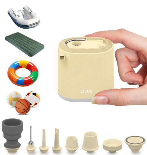 Livos第2世代エアーポンプ急速4.5KPA/吸引-3.5KPA低速100KPA/-65KPA3段階調光LED照明吊り下げ可ボール対応8種ノズルUSB充電式(1360mAh)浮き輪ゴムボートエアベッドソファ真空圧縮袋
