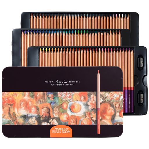MARCO鉛筆 油性色鉛筆 100色セット 3100型|3.7mm 粗芯 鉛筆削り付属|鉄箱入り 高級プレゼント適用|子ども・大人・学生・専門美術従事者向け プロ用