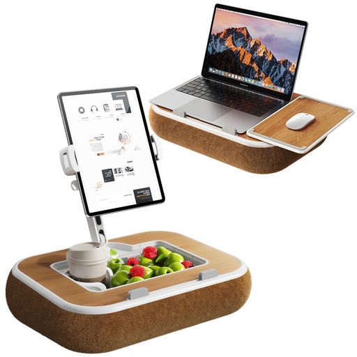 【3WAY多機能デザインで作業効率UP】‌膝上テーブルとしての基本性能に加え、タブレットスタンドと収納ボックスを一体化。人間工学に基づく8度傾斜クッションが膝への負担を軽減し、40x30cmの広天板で最大15インチのノートパソコンに対応。「3WAY」設計により、在宅ワーク・動画視聴・軽食など様々なシーンで同時活用が可能。さらにマグネット式マウスパッド付きで操作性も向上し、読書やKindle・電子書籍の閲覧にも最適です。 【360°調整アームで自由な視野を確保】‌アームは高さ19cmまで2段階調節可能で、根元360°回転+上下左右の角度調整に対応。寝転び姿勢・座位・車内などあらゆる体勢でも快適な視野を確保できます。タブレットアームは**クイックリリース式(4.7~13インチ対応)**で、スマートフォンやiPad、Kindleなどの電子書籍リーダーも簡単に固定でき、動画視聴やオンライン会議も快適です。 【取り外し可能な実用設計&amp;安定感アップ】‌直径6.5~8cm対応のシリコンカップホルダーは自由に配置でき、飲み物の転倒を防止。