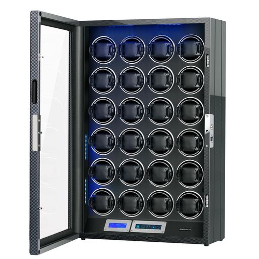 指紋認証&amp;LCDタッチスクリーン&amp;LED照明:最新の半導体指紋識別機能を搭載しており、ロック解除には0.001秒しかかかりません。また、画面をタッチして操作することができるタッチパネルや、内蔵のLED照明とデジタル表示が備わっており、暗い場所でも素早く正確に操作できます。高級感が漂うデザインも魅力的です。 高級感漂うデザイン:この自動巻き上げ機は、存在感のある外観だけでなく、製造に天然木合板を使用し、精巧に仕上げられています。手触りは滑らかで高級感があり、腕時計を収納・保護することができます。24本の腕時計を同時に巻き上げることができるので、腕時計のコレクションが趣味である方や複数の腕時計を所有する方に適しています。 静音性と耐久性に優れた:日本製マブチモーターを使用しており、磁気シールドが施されています。効果は99.8%に達し、静音性と耐久性については優れています。内部の黒いクッションは高級感があり、落ち着いた雰囲気を演出しています。特に、リビングや書斎などに置くことをおすすめします。 TPDと回転の設定:この製品は、3つの回転モード(時計回り、反時計回り、時計回り+反時計回り)を備えています。