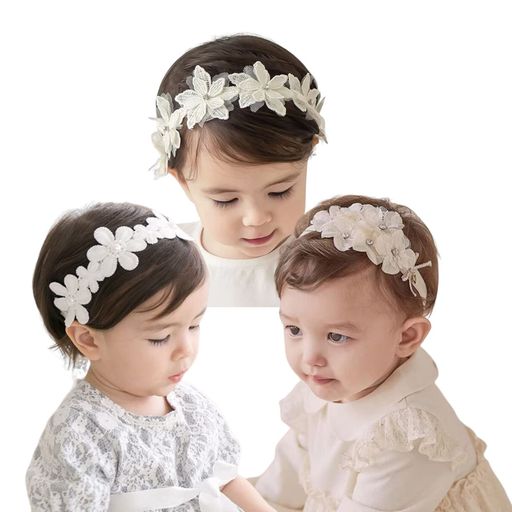 DFsuccesヘアバンドベビーゴヘアアクセサリー髪飾りレースバンドヘッドドレス女の子新生児出産祝い誕生日記念撮影お祝い結婚式3点セット(ホワイト)