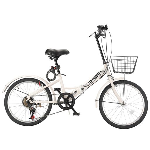 JIEBEIER自転車折り畳み自転車20インチ7段変速カゴワイヤー錠ライト付き防滑タイヤ高炭素鋼フレーム軽量小径車通勤通学街乗りJZXC-06(2.ホワイト)