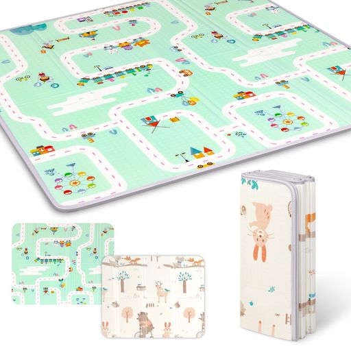 プレイマット-Artake赤ちゃんプレイマット収納しやすい厚手折りたたみ防水防音マットベビーお昼寝マット(都市+動物園200x180x2cm)