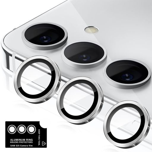 Kakuki for Galaxy S25 用 カメラフィルム ギャラクシーS25 カメラ保護フィルム 薄型 強化ガラス 耐衝撃 独立型 露出オーバー防止 アルミ合金 カメラカバー (シルバー, Galaxy S25)