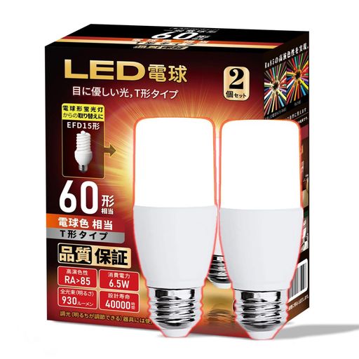 本体サイズ:外径 40mm長さ 107mm 3光色ラインアップ&amp;Ra85 光色:電球色相当 口金:E26 全光束:930lm 密閉型器具への取り付け対応 屋外用器具への取り付け対応 断熱材施工器具対応 定格電圧(V):100V 定格消費電力(W):6.5W(60形-100形) 保障期間:5年