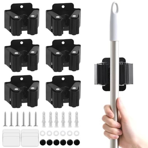 KKLMモップホルダー壁掛けモップホルダー6個セットステンレス製両面テープとネジ付き多機能収納粘着式とネジ固定式可能浴室やトイレ、農具用具掛けにも最適黒色