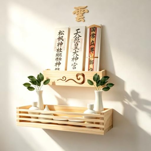 ⛩【天然松木の温もり】高品質な松材を使用し、上段神棚には「雲紋」の吉祥文様をあしらい、神聖な雰囲気をプラス。下段神棚は十分な空間があるため、高さのある榊立てや神具なども安定して収納できます。洋室のリビングにも溶け込む、スマートなフォルムです。 ⛩【モダン&amp;シンプルデザイン】神棚のイメージを覆す、スタイリッシュでミニマルなデザイン。和室だけでなく、洋間のリビングや玄関にも自然に溶け込み、お部屋のインテリアとしても違和感なくお祀りできます。一般的な地震などの自然災害による損傷から、神具などをしっかりガードの耐震性も意識した藤編み神棚です。 ⛩【壁掛け&amp;置き型の2WAY】背面はフラットな設計になっており、専用の金具を使えば壁に傷をつけずに簡単に設置可能。もちろん、お好みの場所にそのまま置いて使用することもできます。洋風家具やインテリアが多いお宅でも、昔ながらの和風なお部屋にもあっさりと馴染むデザインコンセプト。目立ち過ぎずクセのない風合いは、どこに掛けても自然にマッチします。 ⛩【コンパクトサイズ】上段神棚:本体サイズ 32x7x4.5cm 下段神棚 :本体サイズ38x14.7x8.5cm。
