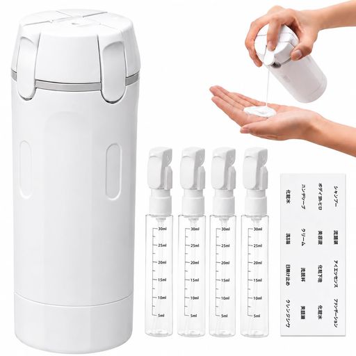 【4本を1つにまとめる4in1設計・荷物をすっきり整理】 4本の30ml小分けボトルを1つのケースにまとめた便利な4in1トラベルボトルです。化粧水・乳液・美容液・クレンジングはもちろん、シャンプー・コンディショナー・ボディソープなども用途に合わせて詰め替え可能。バッグやポーチの中をすっきり整理でき、旅行・出張・ジム・温泉・スポーツなど幅広いシーンで活躍します。 【二重ロック構造で液漏れを軽減・安心して持ち運び】 ポンプヘッドのロック機構と保護キャップを組み合わせた二重構造を採用し、移動中の液漏れや誤押しを軽減します。バッグやスーツケースに収納しても安心。旅行用詰め替えボトルとして毎日の持ち運びにも使いやすい設計です。 【30mlx4本・コンパクトなのに十分な容量】 30mlボトルを4本セットした合計120ml容量。用途ごとに使い分けができ、数日間の旅行や出張、ジム通い、スーパー銭湯などにちょうどよいサイズです。高さ約16.5cm・幅約5.5cmのスリム設計で、ポーチやリュックにもすっきり収納できます。 【繰り返し使える素材・詰め替えも簡単】 外側ケースにはABS・PP素材、内側ボトルにはPET素材を採用。