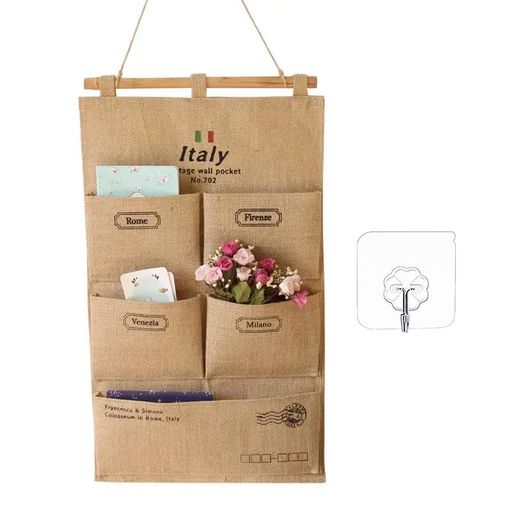ウォールポケット壁掛け式吊り下げフック付き収納整理分類ナチュラル綿麻レターマークナンバー3段5個ポ..