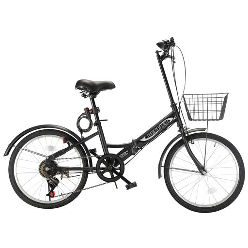 JIEBEIER自転車折り畳み自転車20インチ7段変速カゴワイヤー錠ライト付き防滑タイヤ高炭素鋼フレーム軽量小径車通勤通学街乗りJZXC-06(2.ブラック)
