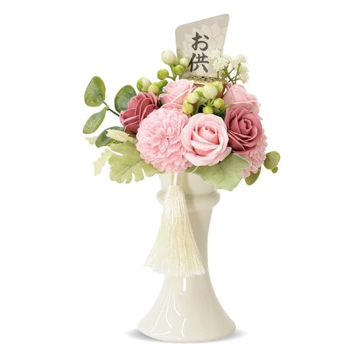 ポピー名古屋 ソープフラワー シャボンフラワー 仏花 お供え花 造花 フラワーポット 菊 バラ 花瓶 約23cm クリアケース付き S-202 ピンク