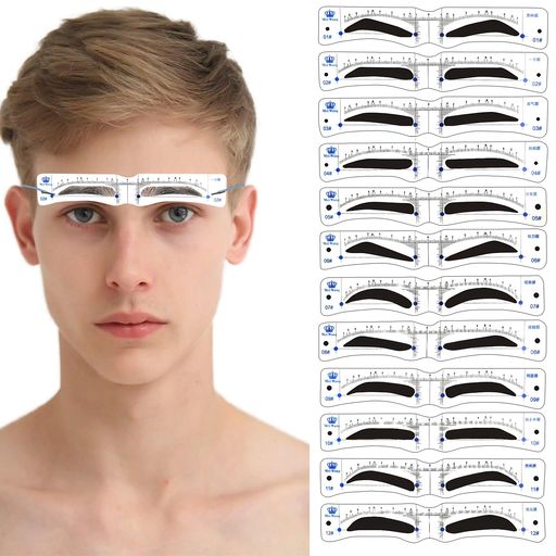 Liroyal眉毛テンプレートメンズ眉毛メイクツール(12種セット)眉毛ステンシル眉毛形テンプレート男性用人気初心者にも化粧道具ストラップ付き眉毛整えるツール