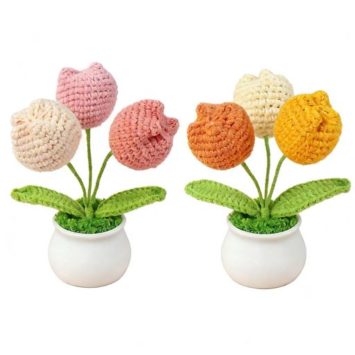 CAXBGKNかぎ針編み造花2個セットチューリップ盆栽3輪の花母の日手作りニットフラワー人工観葉植物枯れない花鉢植え卓上置物インテリア飾りバレンタインデー敬老の日クリスマス誕生日記…