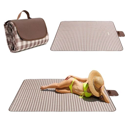 レジャーシート100x150cmピクニックマットチェック柄大判2人~3人用厚手防湿防水軽量洗える折りたたみ簡単収納遠足運動会持ち運び便利お花見ビーチキャンプアウトドアBBQ四季適用(褐色)
