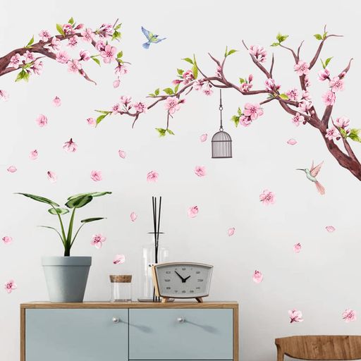 ウォールステッカー桜の木と鳥かご花びら舞う和風デザインピンク/ブラウンPVC素材115x80cm剥がせるインテリア装飾リビングルーム寝室用