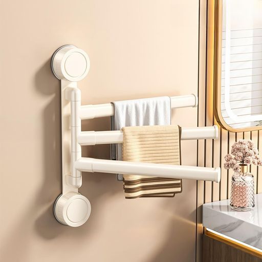 タオル掛け吸盤式タオルハンガー180°回転スイングアーム壁掛けタオルホルダー取り付け簡単省スペース耐荷重&防錆キッチン/浴室/洗面所/梅雨対策/結露防止多目的収納(クリーム白色ロン…