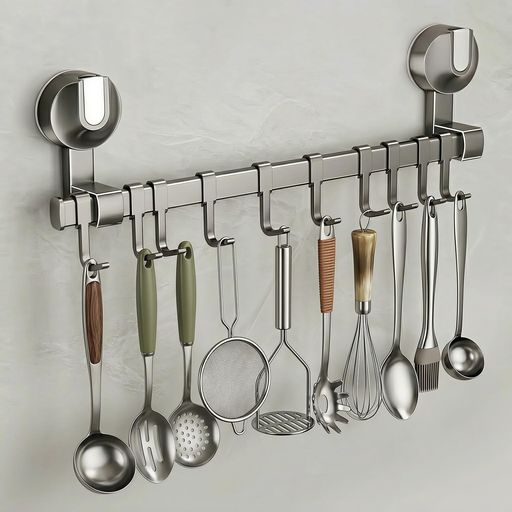 キッチンツールフック 吸盤 強力 アルミニウム キッチンラック 防水防錆 キッチン収納 調理器具 鍋蓋置き キッチンツール 収納 壁掛け 可動式フック 壁 傷つけない 40cm 8個フック